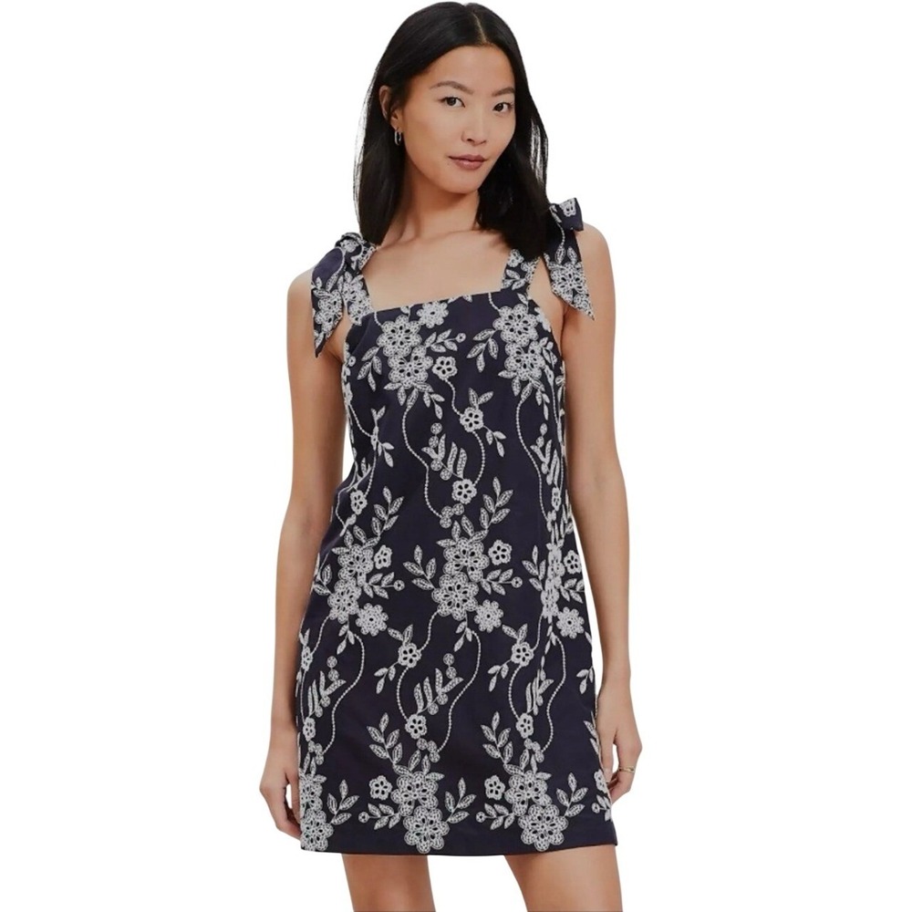 LOFT Navy Blue Floral Embroidered Tie Shoulder Mini Dress Size 10 Cotton 758775